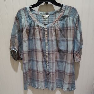 Lucky Brand Blue Gray 3/4 Sleeve Bib Collar Blouse